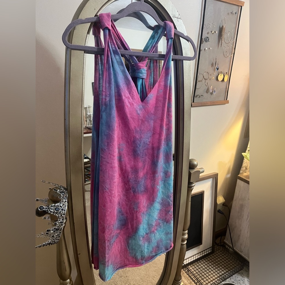 Pink and Blue Tie-Dye Halter Dress
